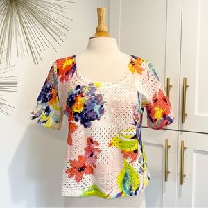 Trina Turk Multicolored Floral Eyelet Short Sleeve Top Size Medium